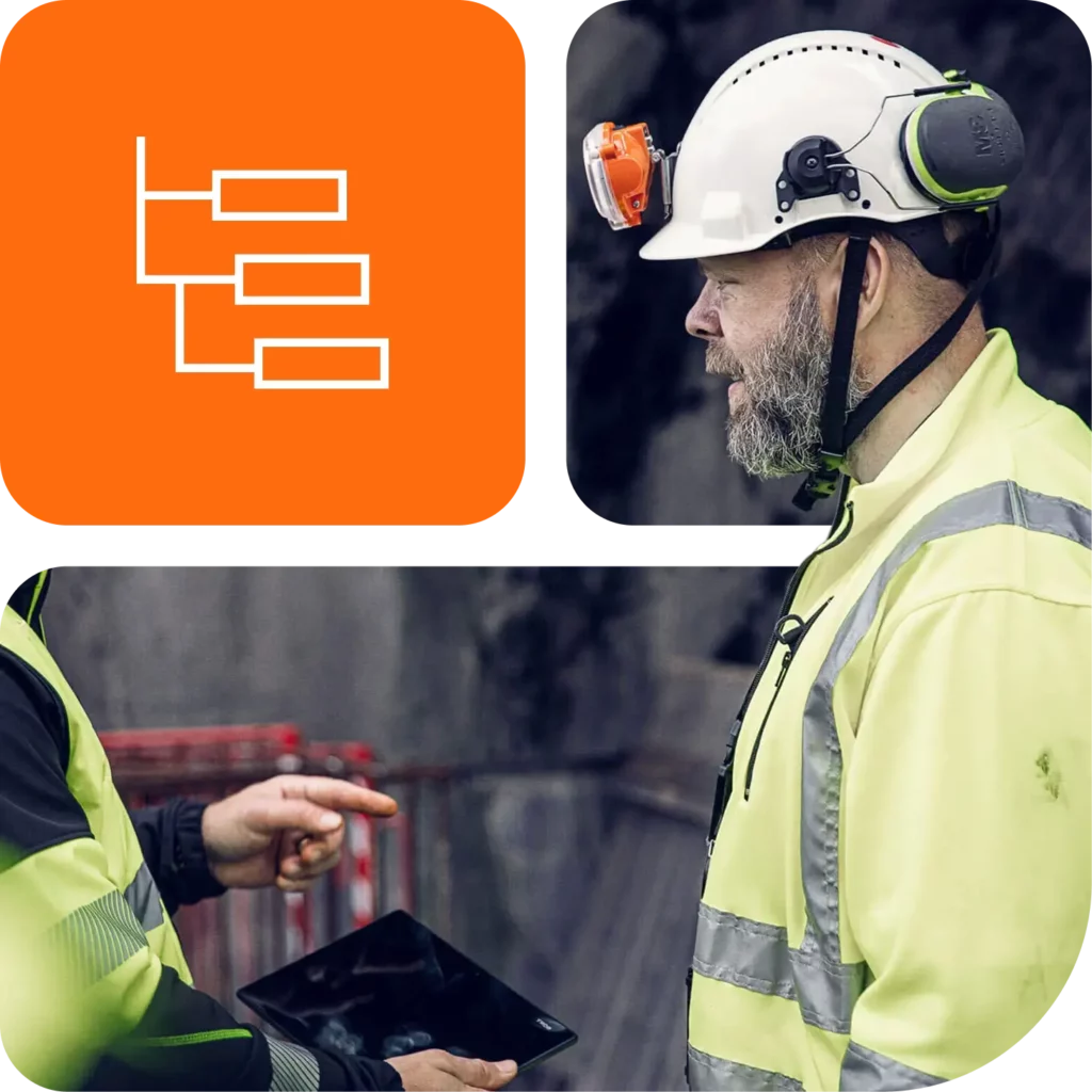 Grid-bilde med ikon som viser UE-kjede og en bygningsarbeider.