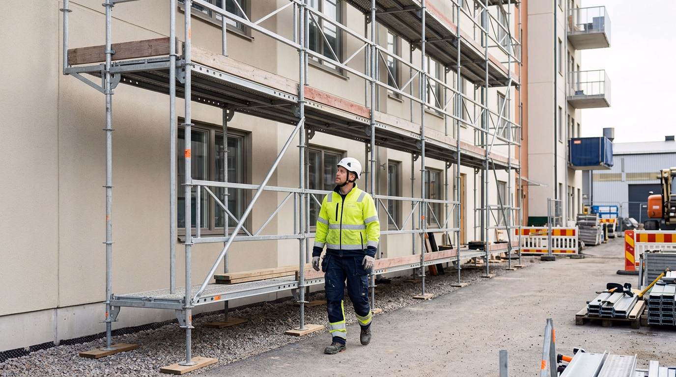 erson i hjälm och varselkläder står framför en fasadställning på en byggarbetsplats.