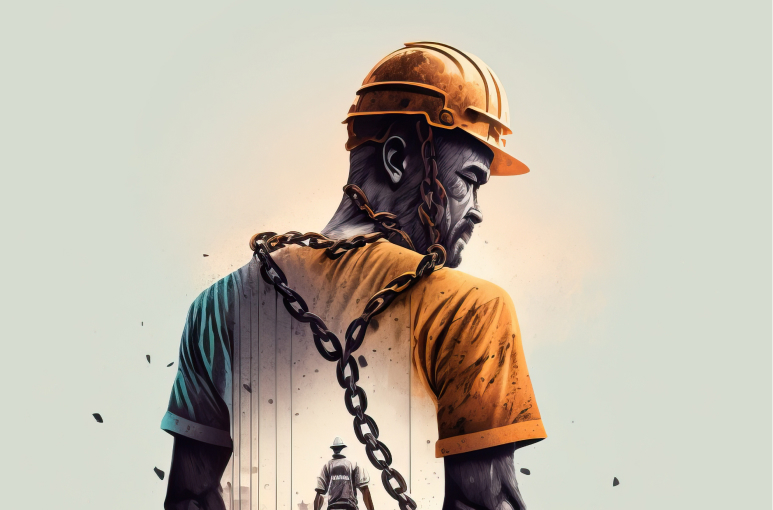 a construction worker with chains to symbolise modern slavery in construction