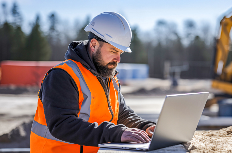 Construction worker on site on laptop using workforce management software